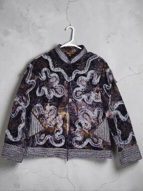 Embellished Velvet Zip-Front Jacket - Multicolor Wearable Art Size 10 Unique